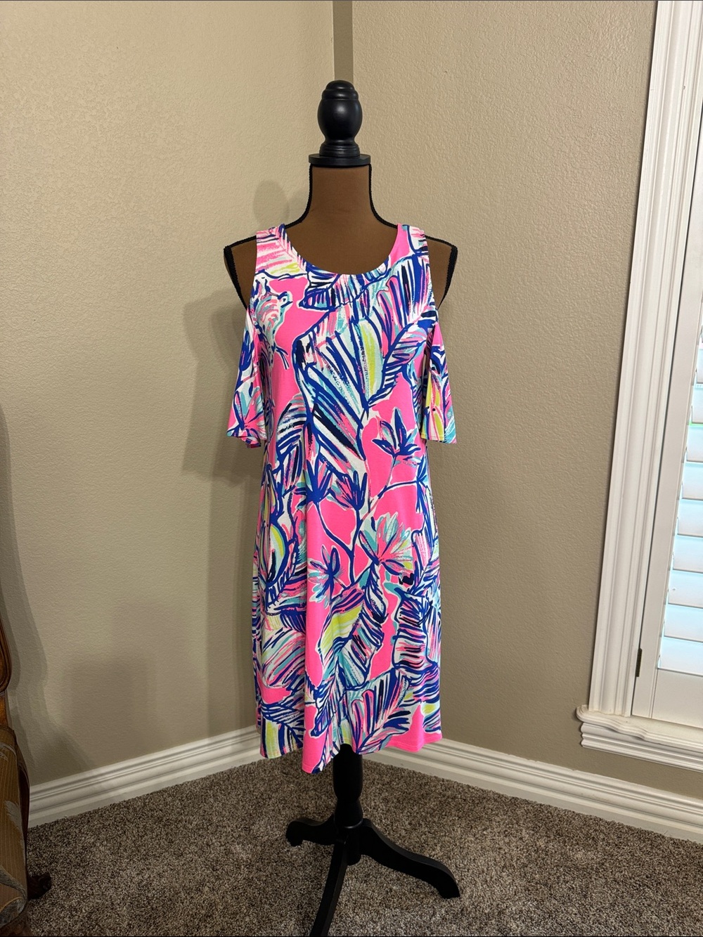 Lilly Pulitzer Hot Pink Tropical Cold-Shoulder Midi Dress